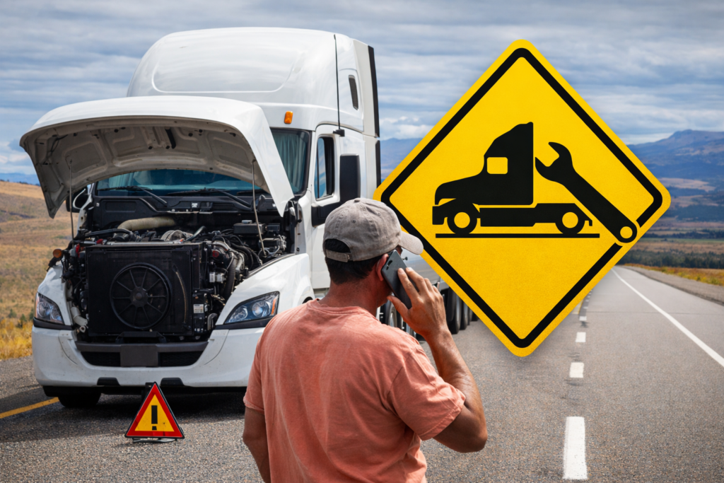 Semi truck broken down on highway with driver calling for truck repair assistance