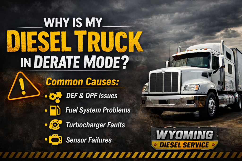 Diesel truck in derate mode warning showing common causes like DEF, DPF, fuel system, and turbo problems