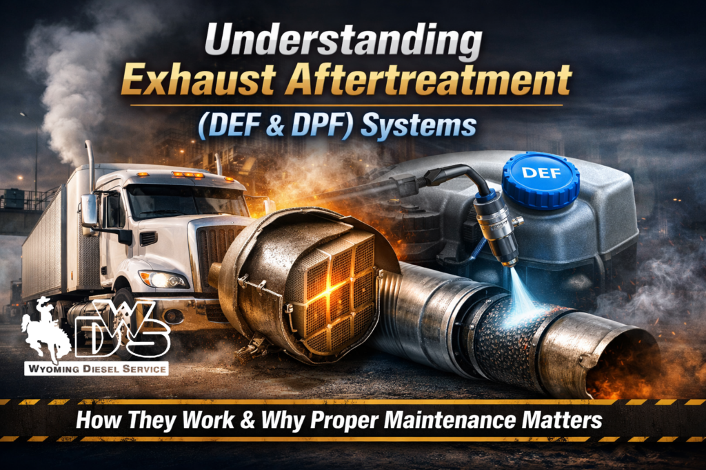 Diesel exhaust aftertreatment system showing DEF injector and diesel particulate filter (DPF) used in modern diesel trucks.