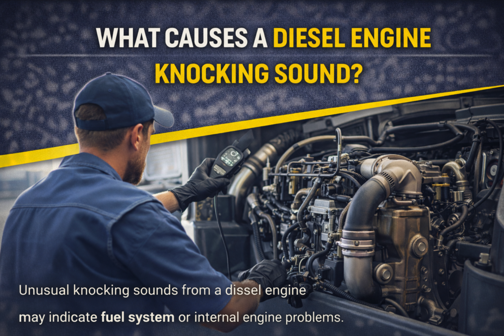 Diesel mechanic inspecting semi truck engine for knocking noise