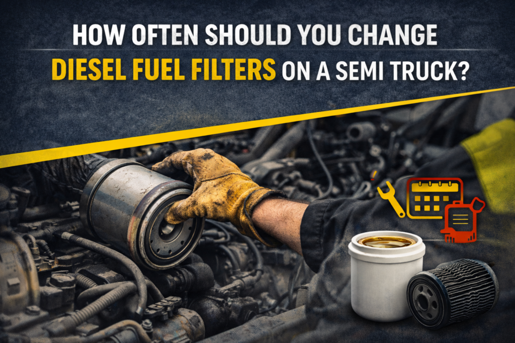 Diesel fuel filter replacement on a semi truck engine