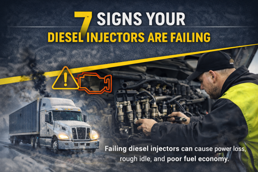 Diesel mechanic inspecting fuel injectors on a semi truck engine