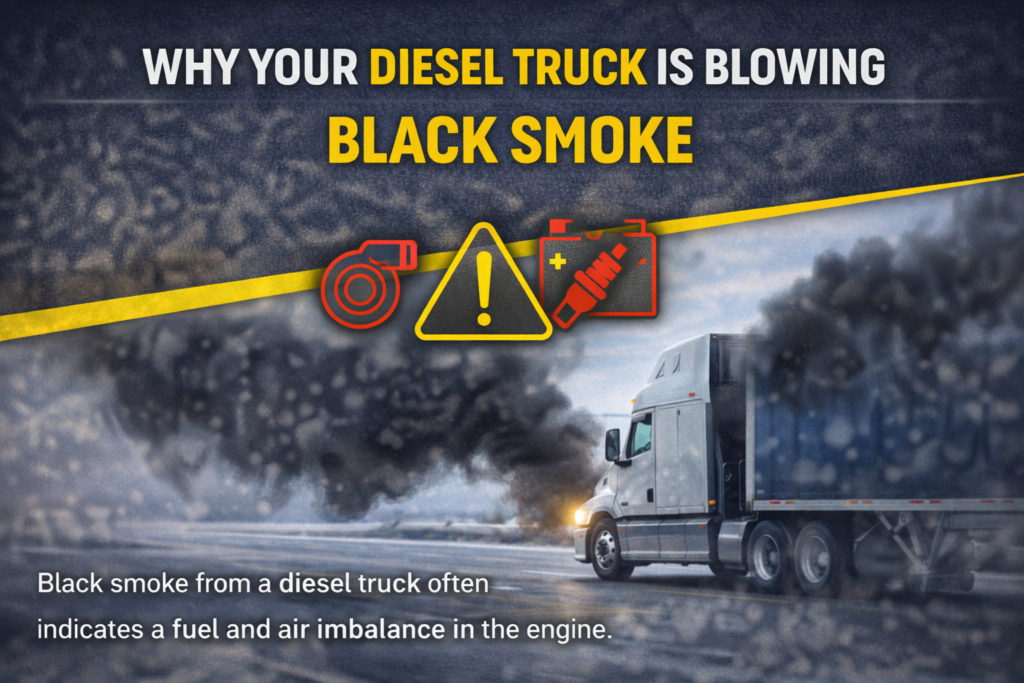 Semi truck producing black exhaust smoke due to diesel engine problem
