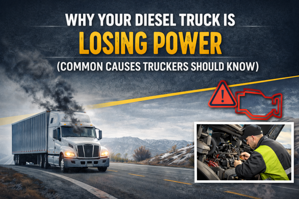 Diesel semi truck struggling to climb a hill due to engine power loss