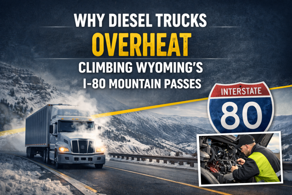Semi truck climbing a mountain grade on Interstate 80 in Wyoming