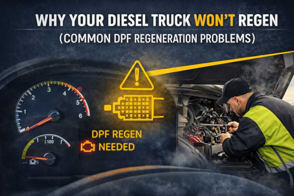 Diesel truck dashboard warning light showing DPF regeneration problem