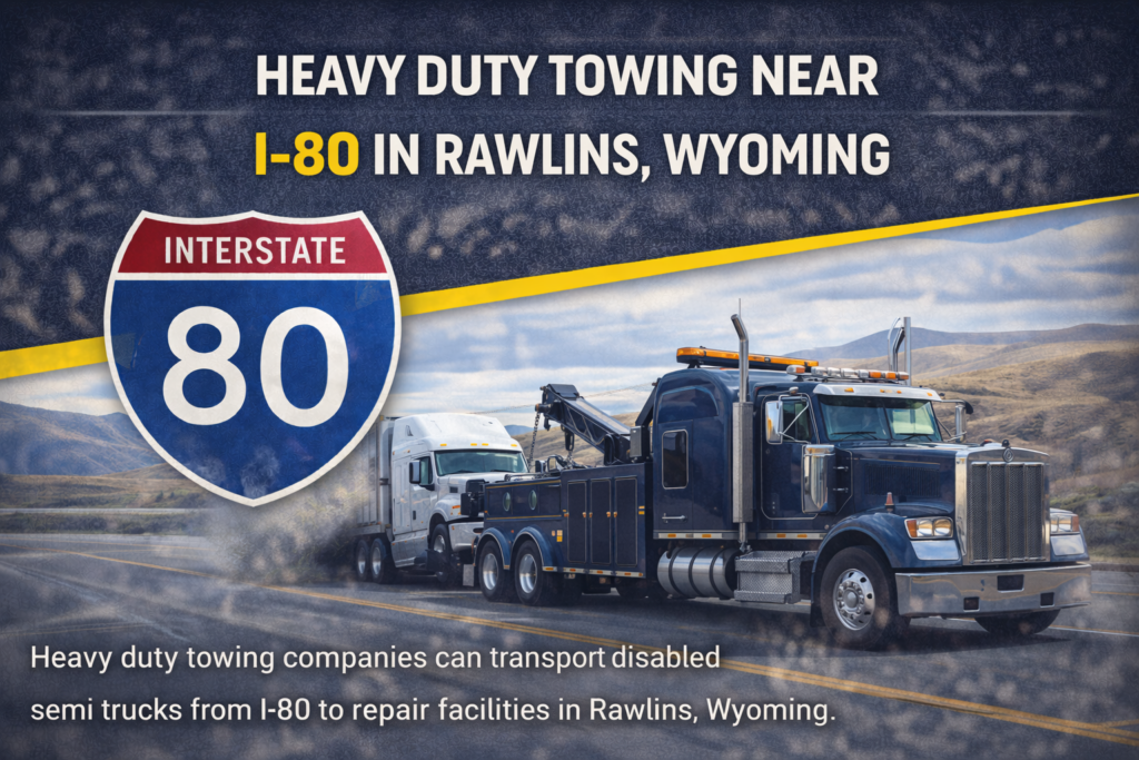 Heavy duty tow truck towing a semi truck along Interstate 80 near Rawlins Wyoming