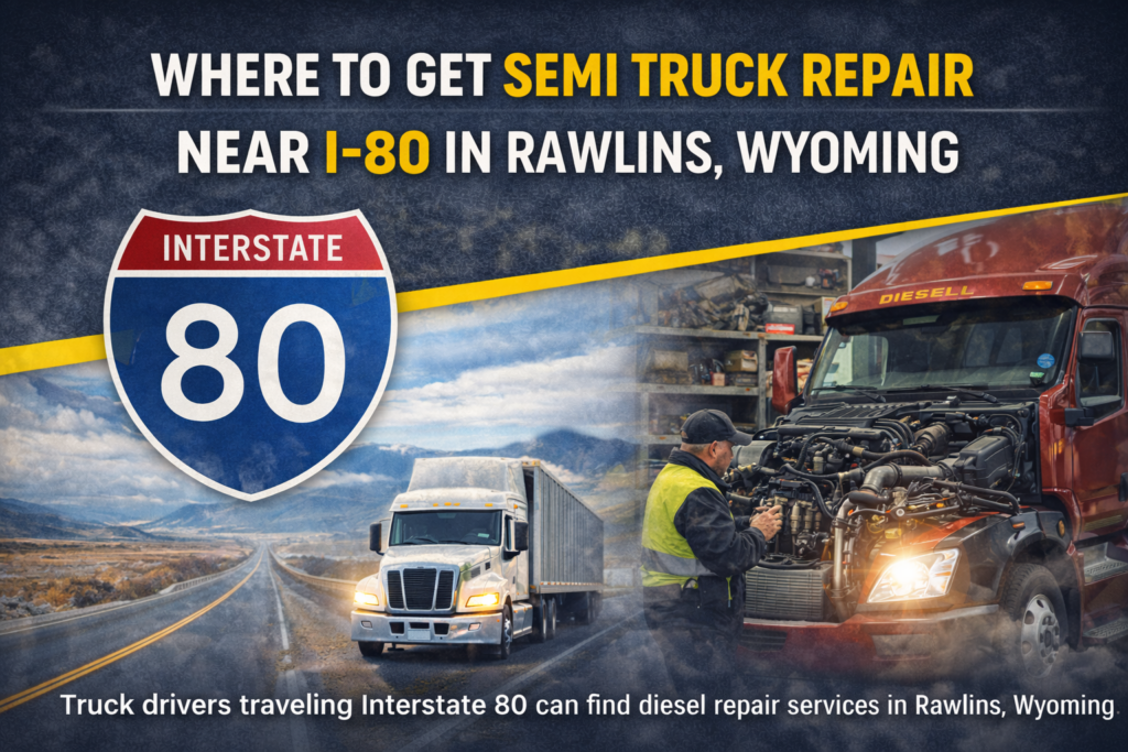 Semi truck repair shop near Interstate 80 in Rawlins Wyoming