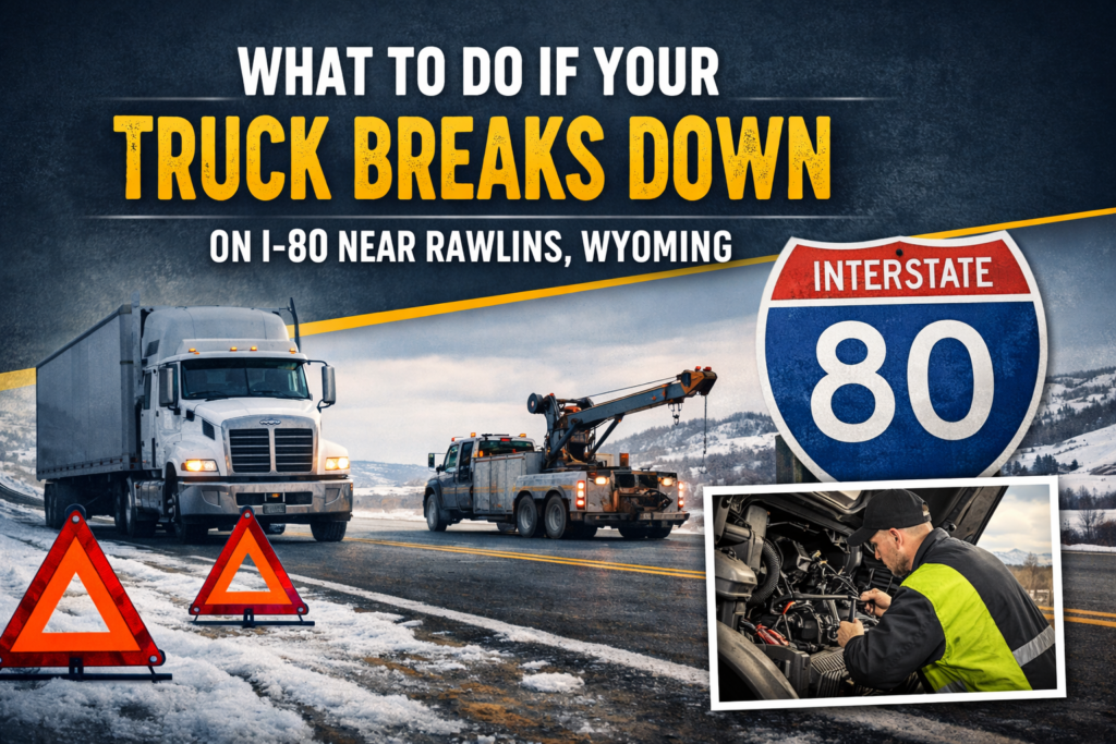 Semi truck breakdown on Interstate 80 near Rawlins Wyoming with tow truck assistance