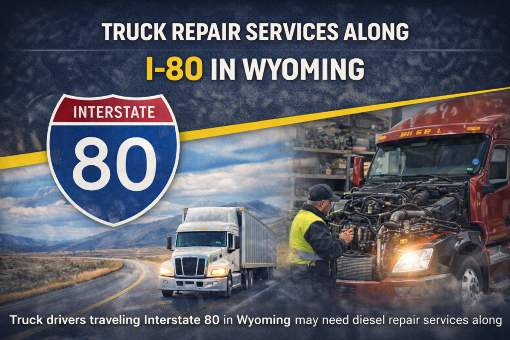 Semi truck traveling along Interstate 80 in Wyoming near a diesel repair shop