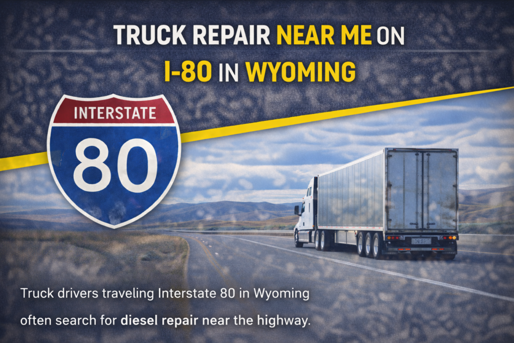 Semi truck driving along Interstate 80 in Wyoming near diesel repair shop